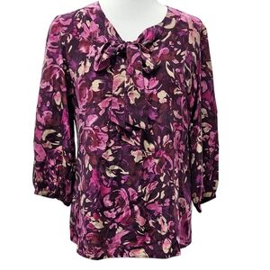 Context Silk Floral Blouse Tunic Tie Front 3/4 Sleeves 12 Colorful Boho Romantic